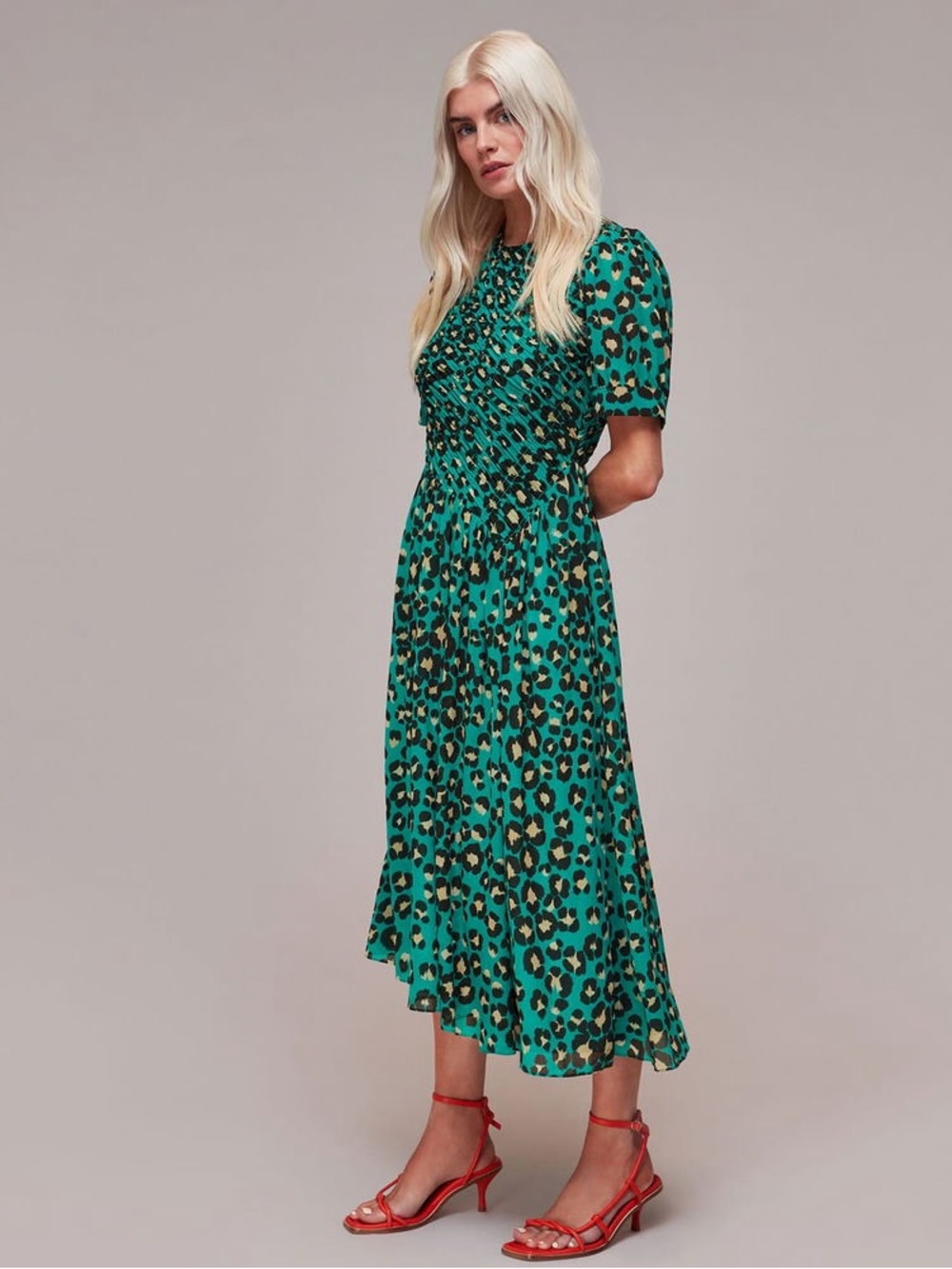 Whistles Sz 8 Green Leopard Print Feminine Asymmetrical Hem Midi Dress